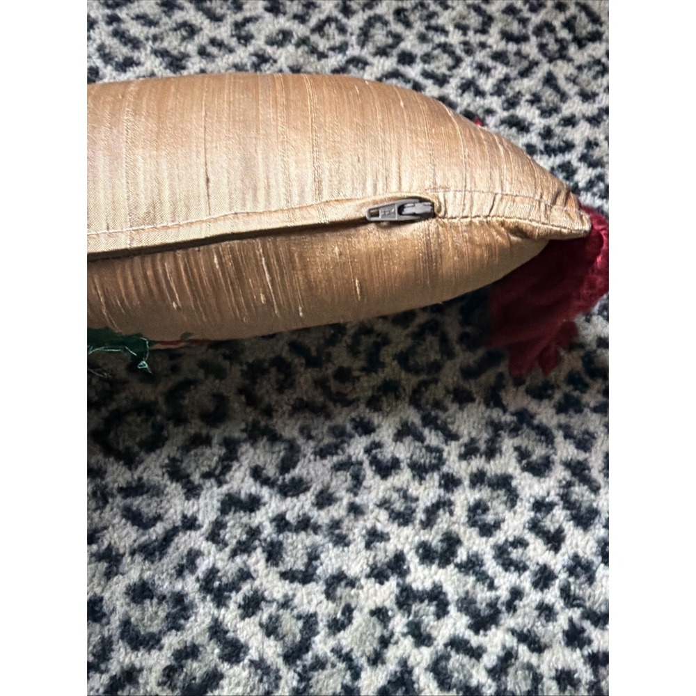 Christmas Deck the Halls Lumbar Pillow Gold Silk Fringe Embroidered VTG 1950s - Picture 8 of 10